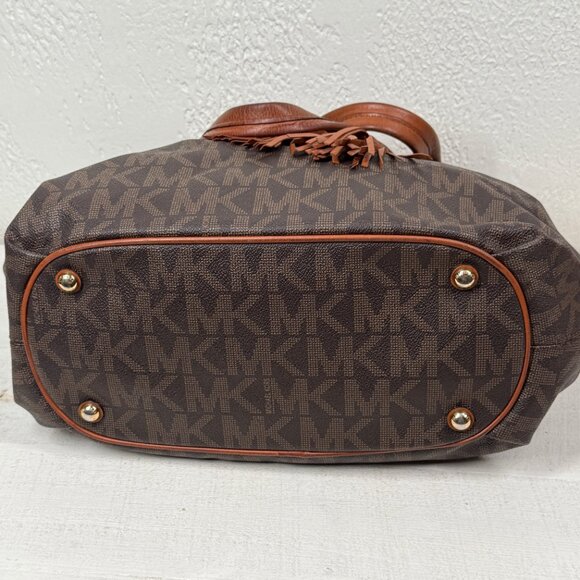 Michael Kors Jet Set Signature Drawstring Tote Brown MK Monogram Leather Trim - Picture 7 of 15
